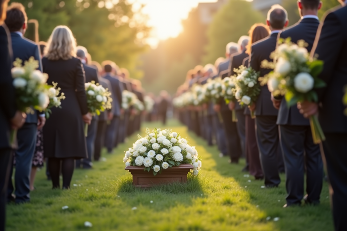 Cérémonie funéraire en plein air avec fleurs blanches