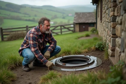 Homme en jeans examine une fosse septique à la campagne