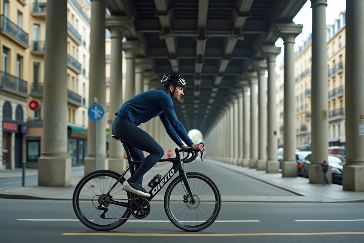 Cycliste pédalant sur une piste cyclable sous le viaduc du métro aérien ligne 6 à Paris boulevard de Grenelle