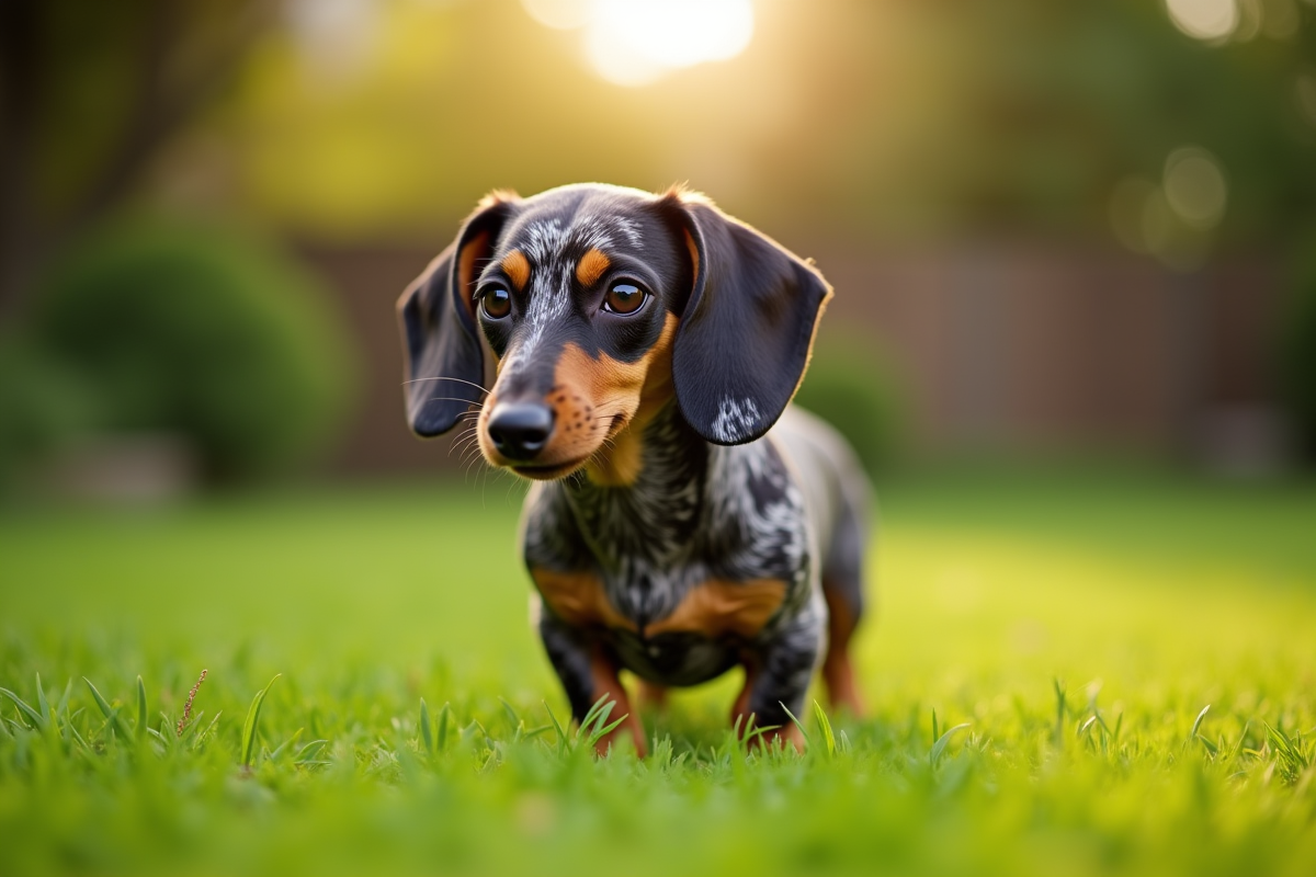 Chien dachshund tachete adulte en extérieur dans un jardin vert