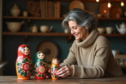 Femme examine des poupées russes vintage dans une boutique ancienne