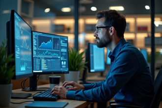 Homme data scientist analysant des données sur plusieurs écrans