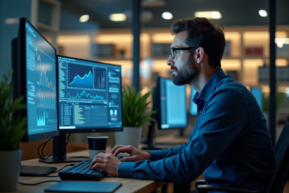 Homme data scientist analysant des données sur plusieurs écrans