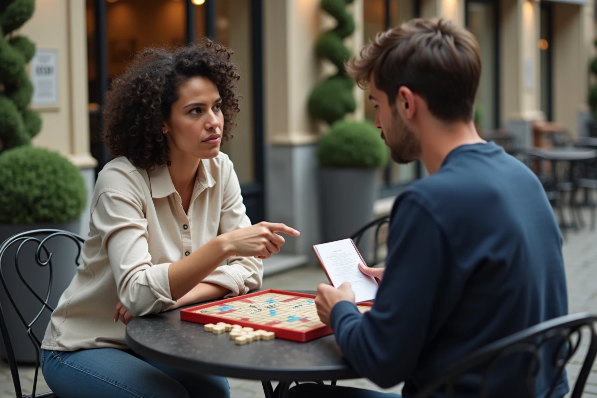 Deux joueurs de Scrabble en terrasse de café consultant un guide de mots valides pendant une partie