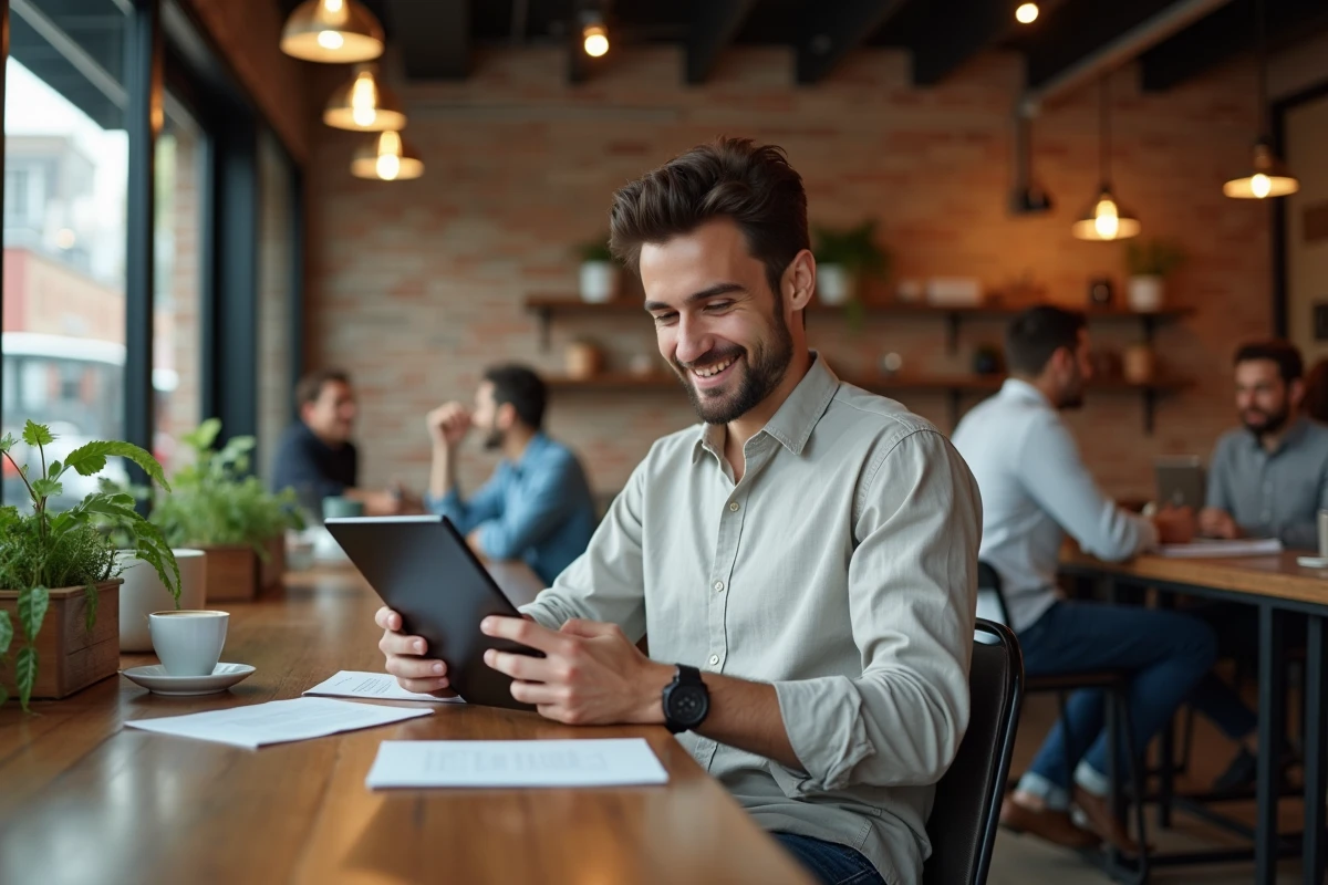 Jeune développeur vérifiant paiement dans un café