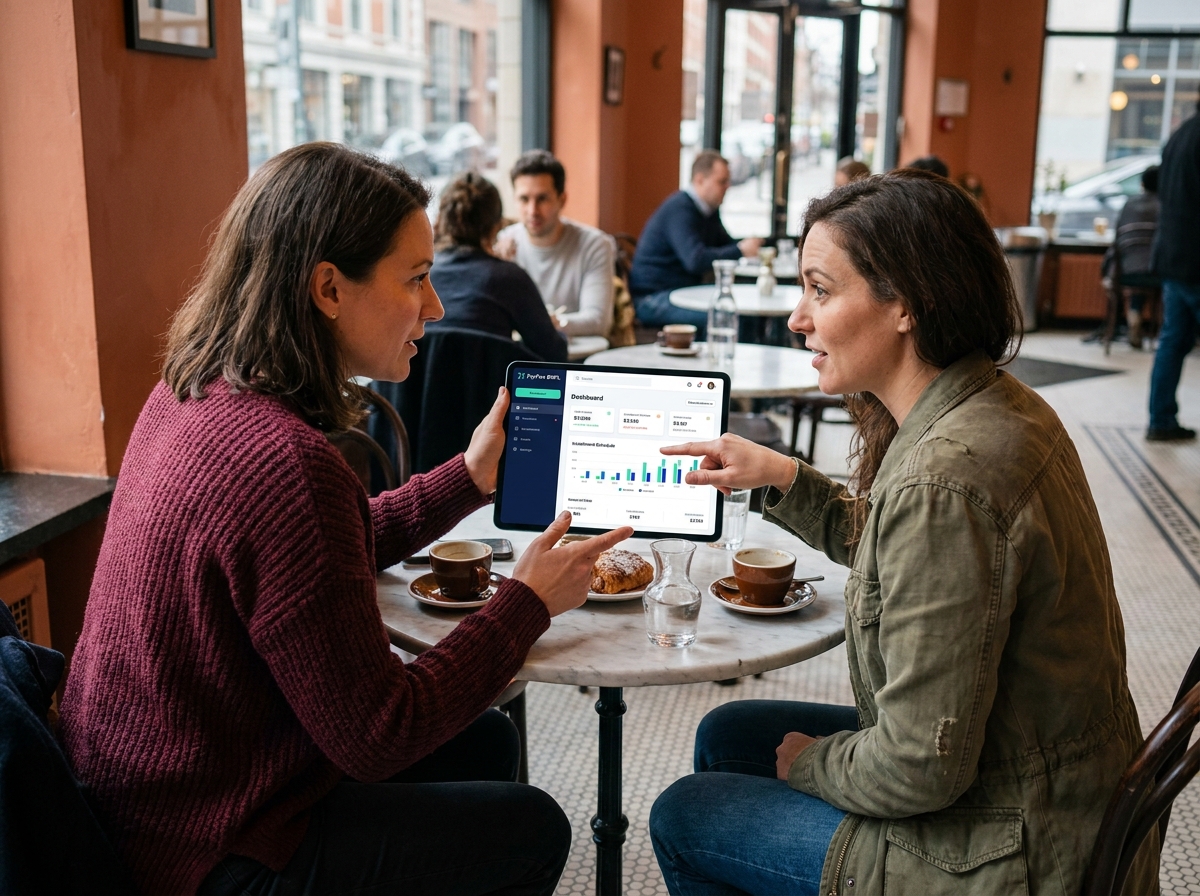 Deux femmes discutant d'un plan de paiement fractionné BNPL sur tablette dans un café