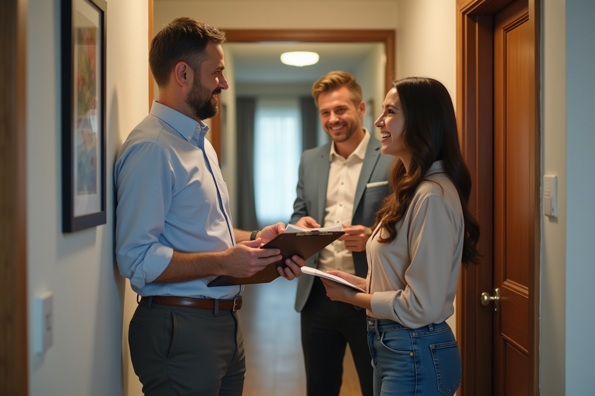 Homme et couple discutant de documents dans un hall d