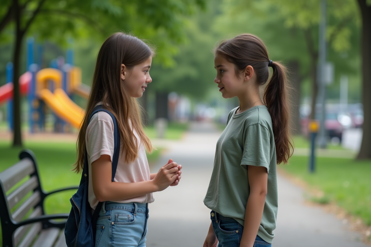 Deux adolescentes discutant dans un parc avec des expressions frustrées