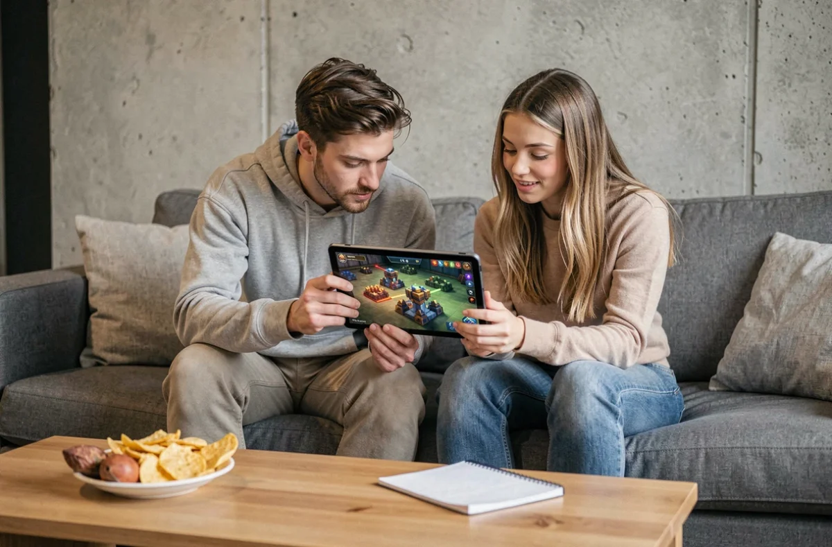 Deux joueurs adultes analysant ensemble un plan de base HDV 11 sur tablette pour une guerre de clans