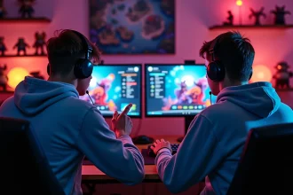 Deux joueurs en duo devant leurs écrans jouant à un MMORPG fantasy de type Dofus dans une chambre gaming