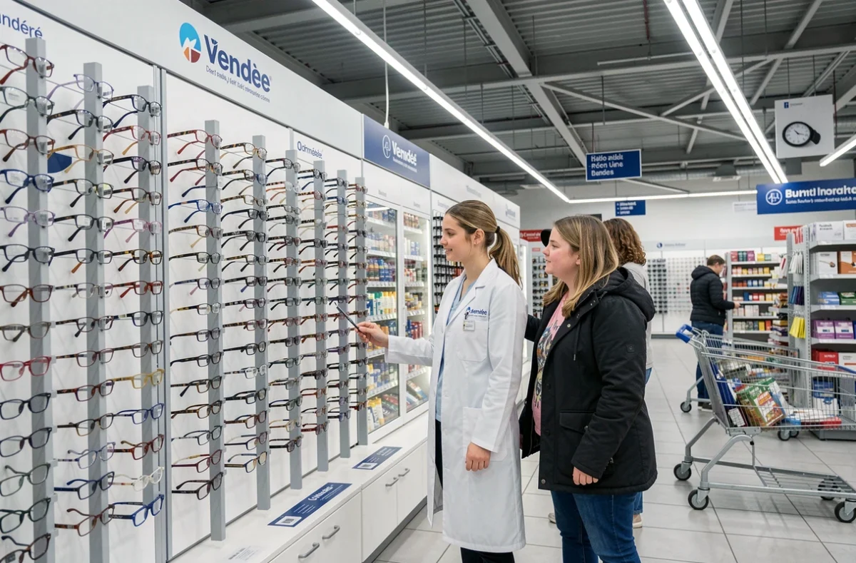 Opticienne E.Leclerc Optique en Vendée conseillant une mère et sa fille adolescente devant un grand présentoir de montures