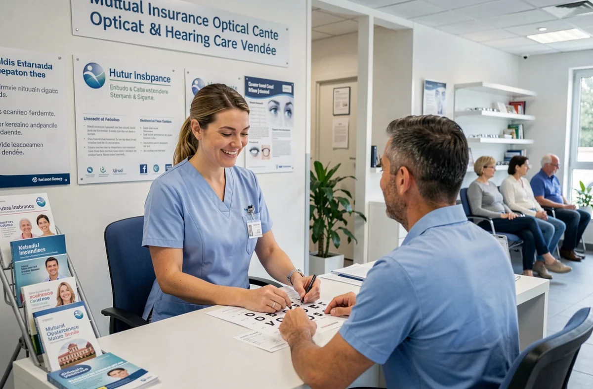 Opticienne d'Écouter Voir Optique Mutualiste en Vendée expliquant un bilan visuel à un patient dans un centre de santé visuelle
