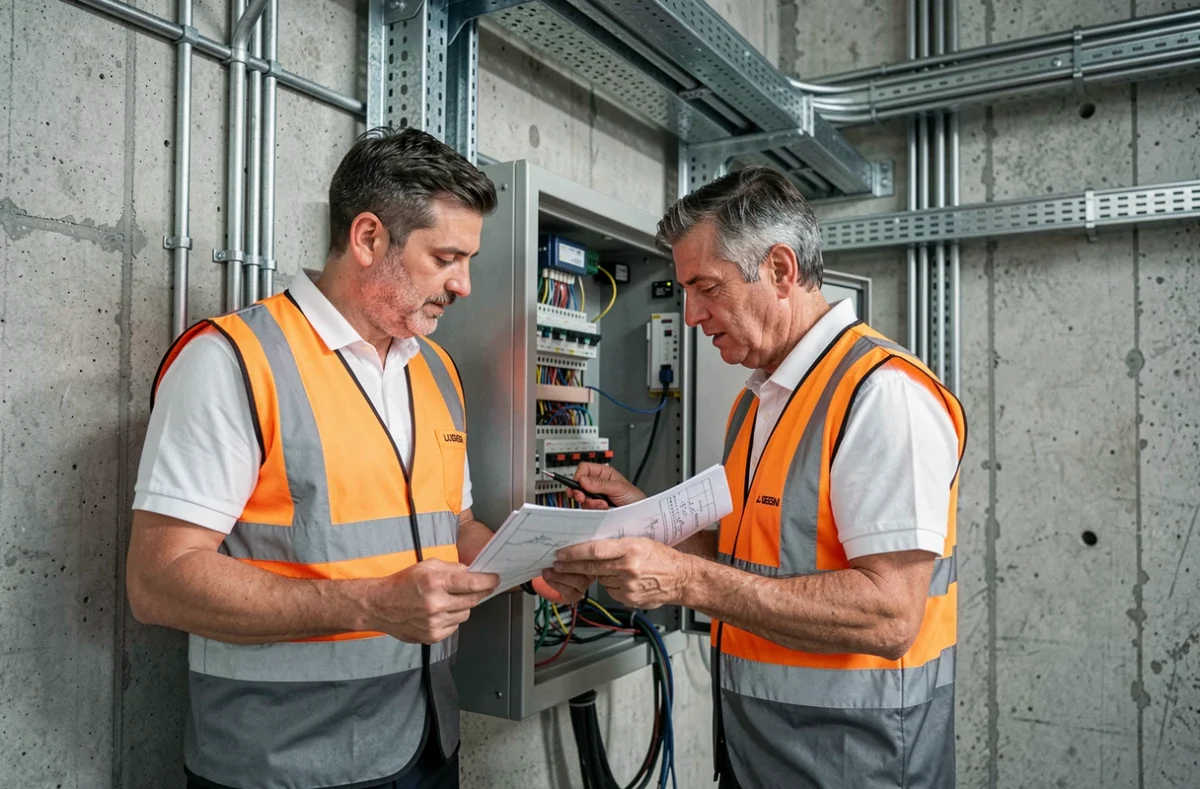 Deux électriciens de la société E.G.E.C travaillant sur une installation électrique industrielle dans les Bouches-du-Rhône