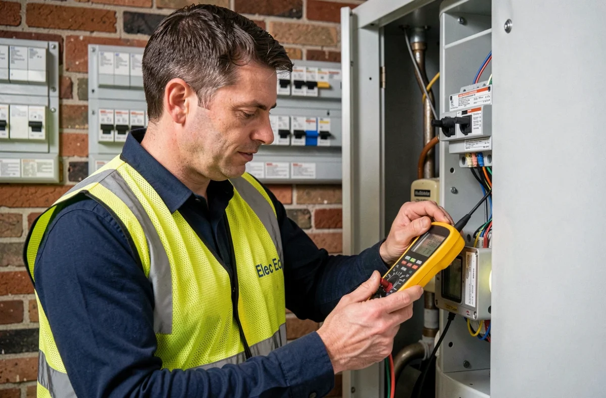 Technicien Elec Eco vérifiant un tableau combiné électricité et plomberie dans une chaufferie avec mur en brique