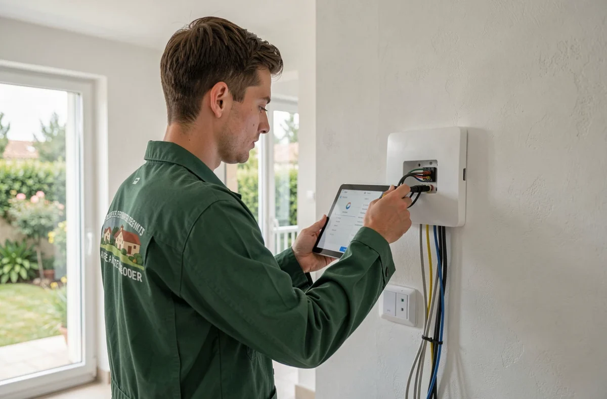 Électricien d'Electric Village installant un système domotique dans une maison moderne à Aix-en-Provence