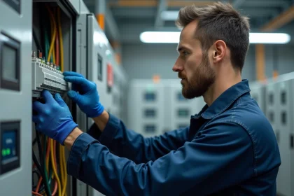 Électricien examinant des bornes de connexion électrique sur rail DIN dans un tableau industriel ouvert