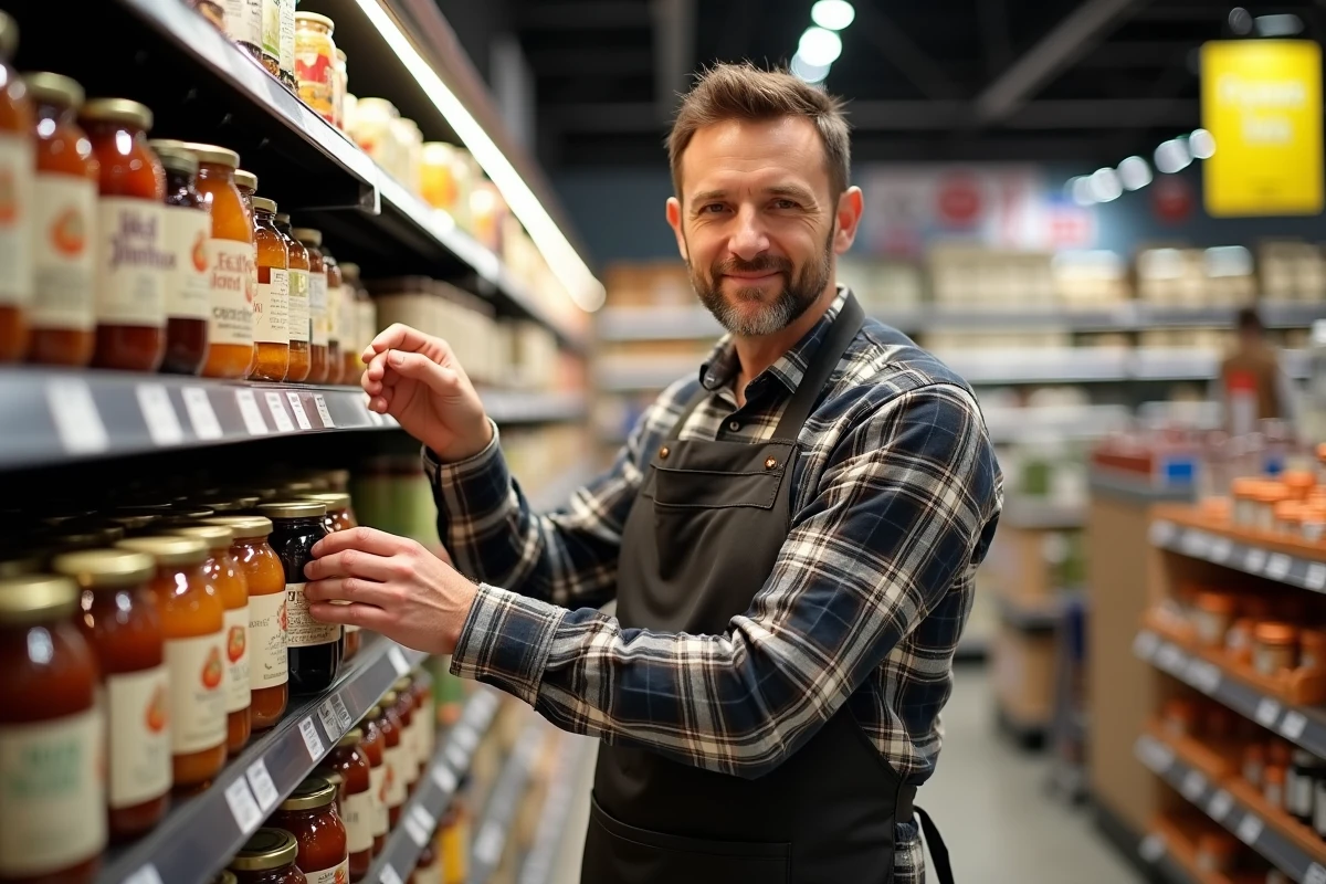 Employé E.Leclerc réassortissant le rayon produits biologiques et locaux avec des confitures artisanales
