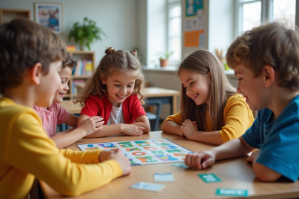 Enfants d'école primaire jouant à un jeu de société en classe