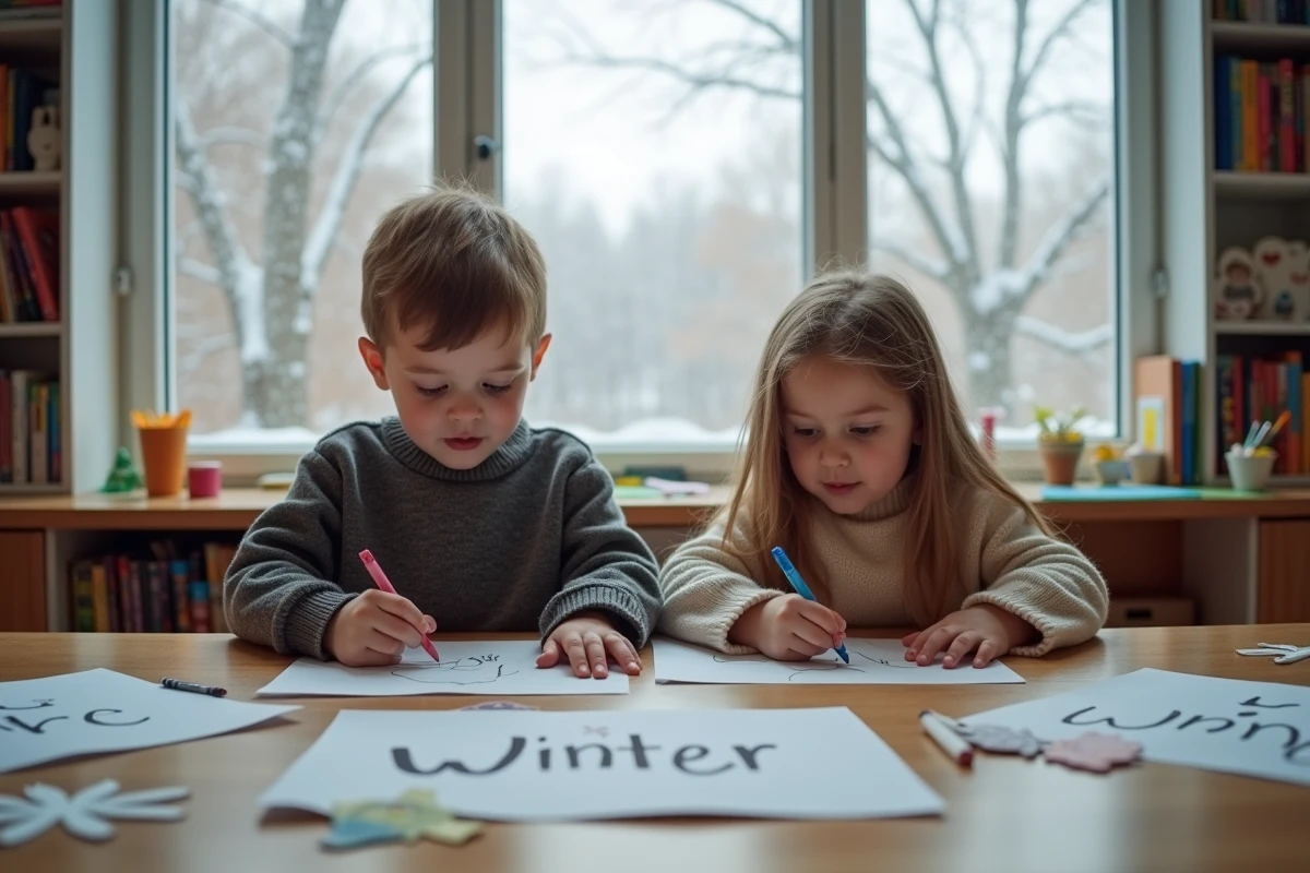 Enfants de maternelle illustrant un poème sur l'hiver avec des dessins et des flocons de neige en papier