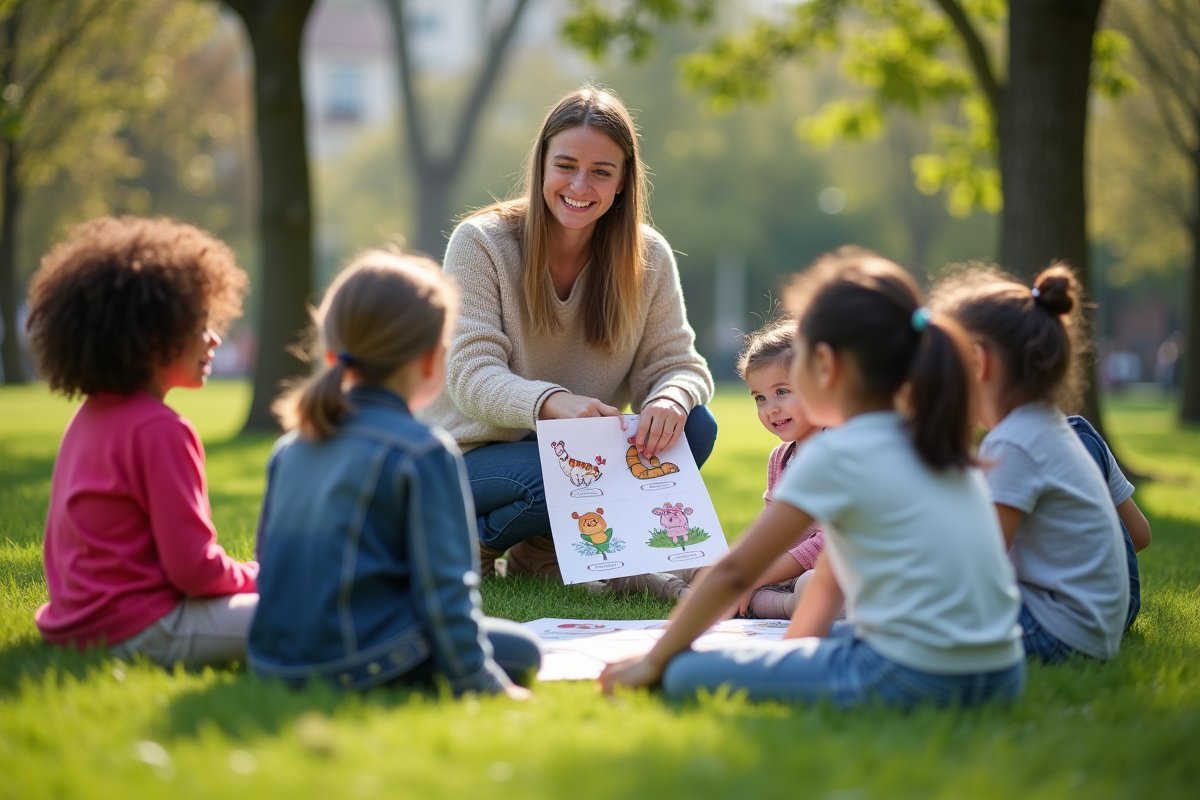 Enseignante jouant avec des enfants en plein air