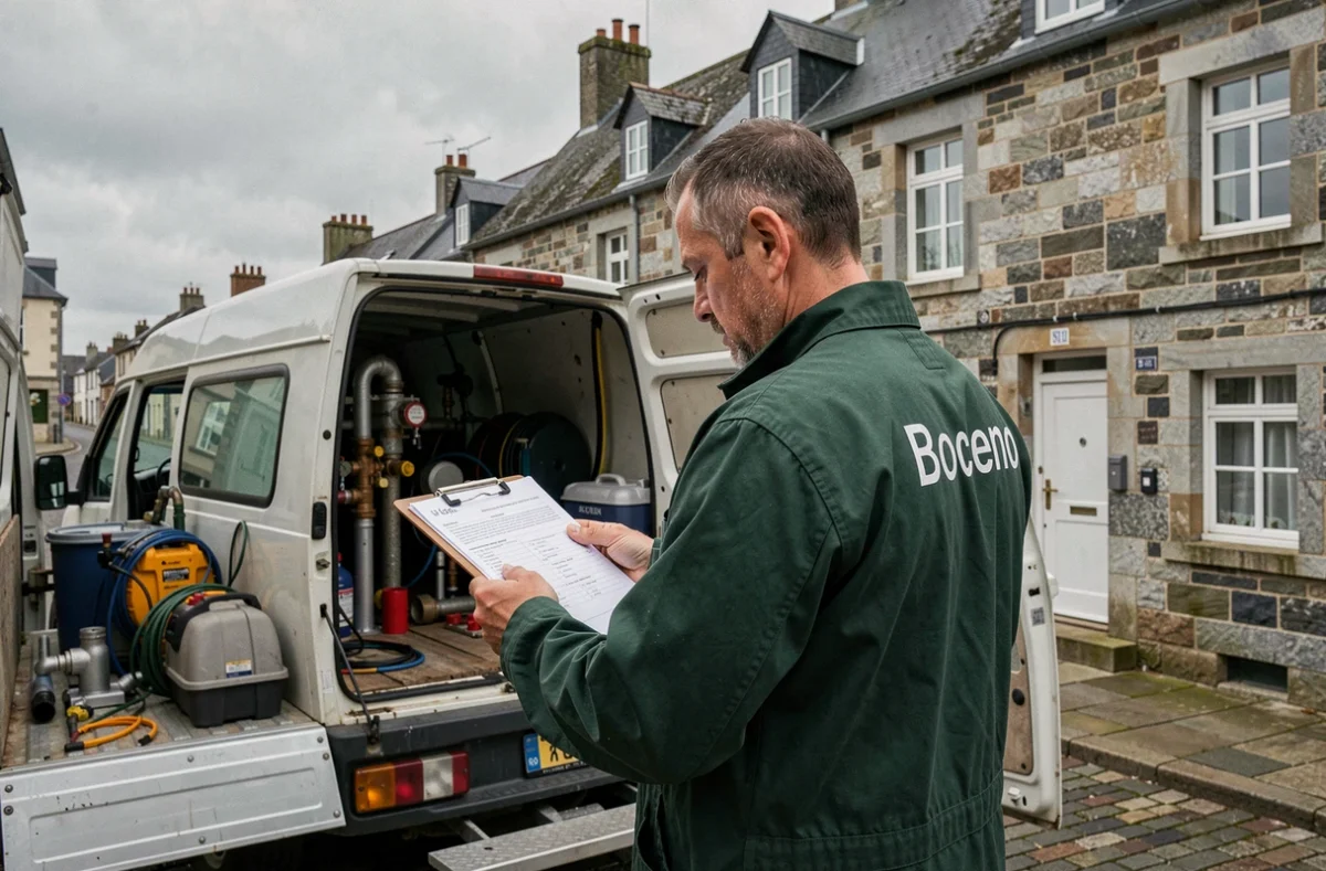 Plombier de l'Entreprise Boceno devant son véhicule professionnel dans une rue bretonne en granit