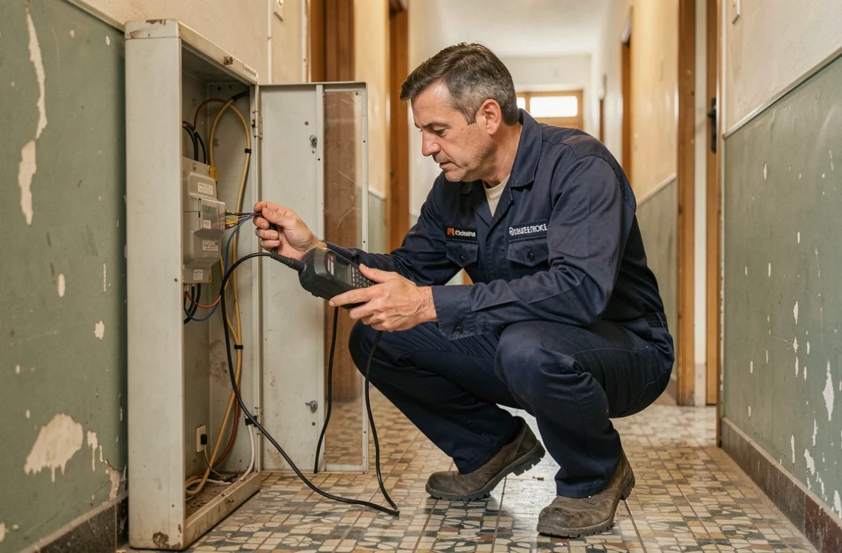 Électricien Ergilux réalisant un audit électrique dans le couloir d'un immeuble résidentiel à Marseille