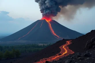 Éruption de l'Etna avec coulée de lave et panache de cendres volcaniques sur les pentes du volcan en Sicile