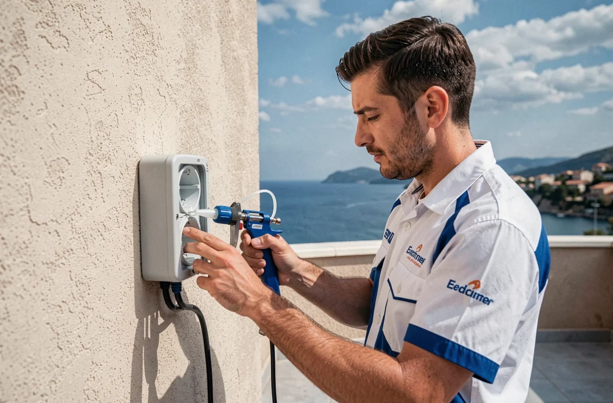 Électricien d'Etelec installant des prises étanches sur la terrasse d'un commerce en bord de mer dans les Bouches-du-Rhône