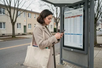 Étudiante consultant les horaires du bus 249 à un arrêt de bus urbain le matin