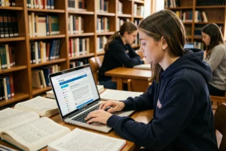 Étudiante universitaire consultant Wikipédia sur son ordinateur portable dans une bibliothèque pour rédiger un devoir académique