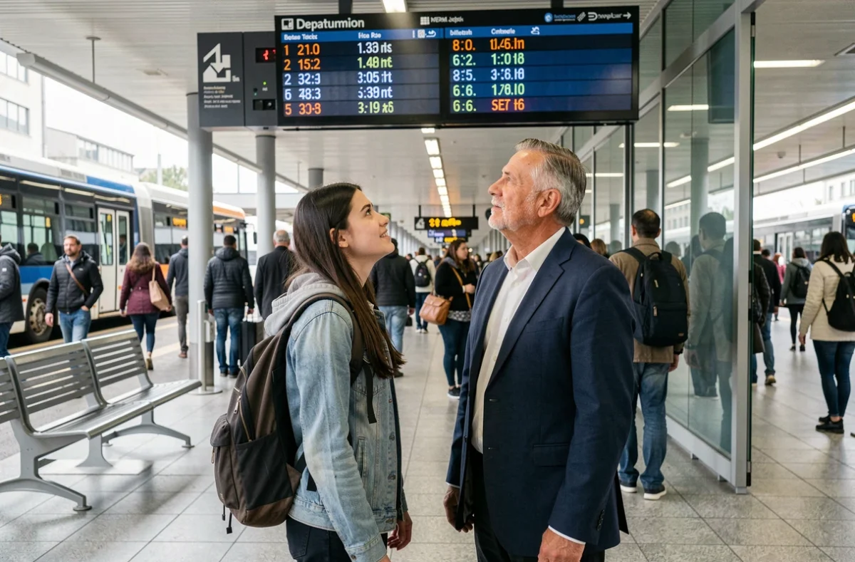 Étudiante et salarié devant le panneau d'affichage des horaires du bus en gare routière