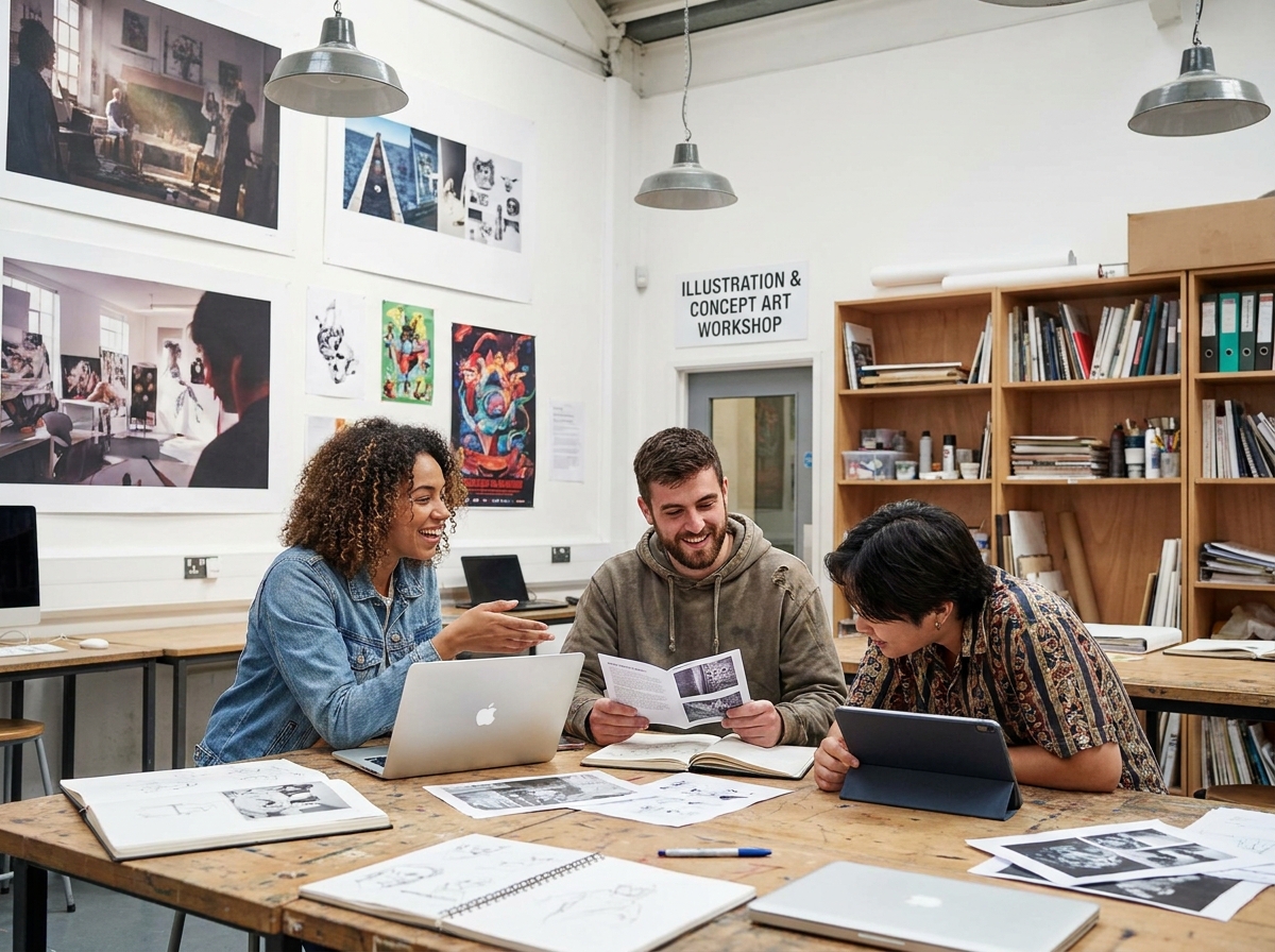 Groupe d'étudiants en arts graphiques discutant de leurs portfolios et de leur orientation professionnelle en illustration ou concept art