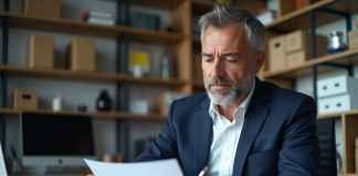 Expert homme en costume bleu dans un bureau moderne