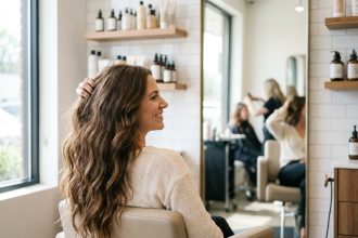 Femme aux extensions de cheveux naturels volumineuses dans un salon de coiffure moderne, passant la main dans ses longs cheveux bruns