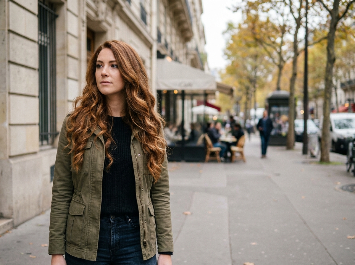 Jeune femme portant des extensions de cheveux ondulés châtain dans un décor urbain, style éditorial lifestyle en extérieur