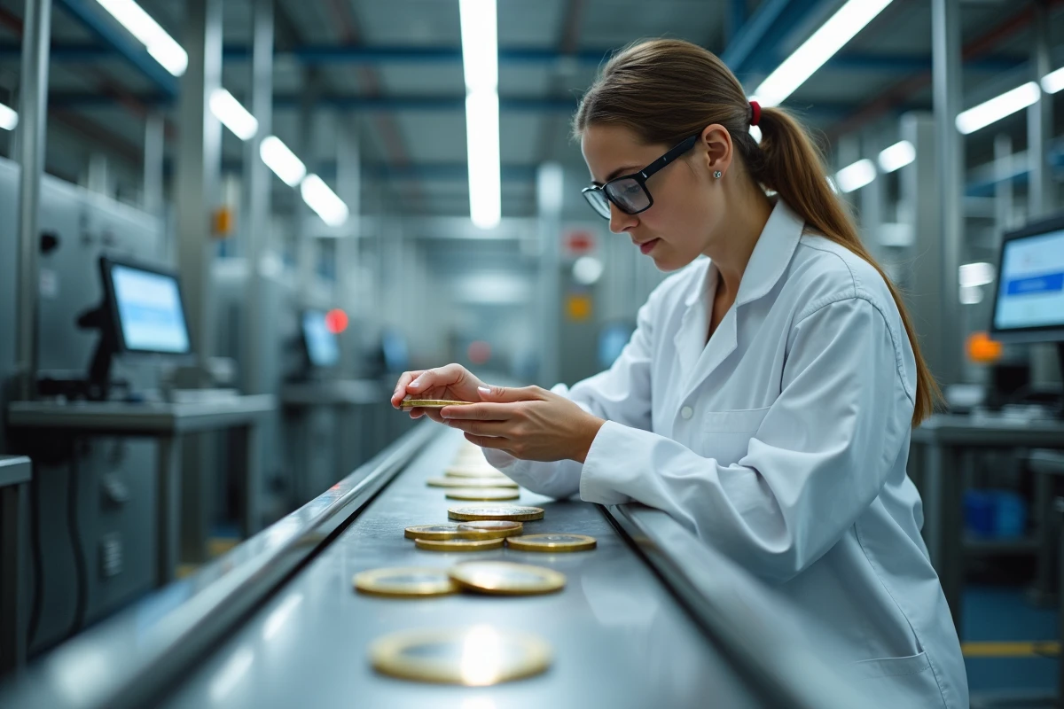 Technicienne inspectant des pièces de 2 euros JO 2026 sur chaîne de fabrication dans une usine de frappe monétaire