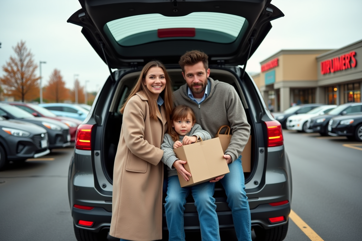 Famille chargeant des courses dans le coffre d