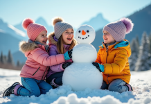 Famille joyeuse en tenues d'hiver construisant un bonhomme de neige