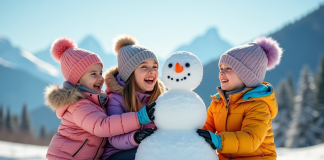 Famille joyeuse en tenues d'hiver construisant un bonhomme de neige