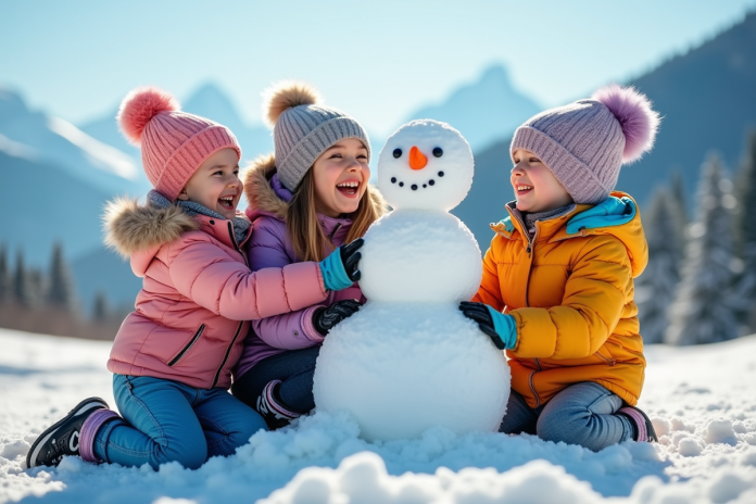 Famille joyeuse en tenues d'hiver construisant un bonhomme de neige