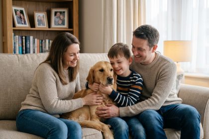 Famille souriante avec chien retriever dans un salon chaleureux