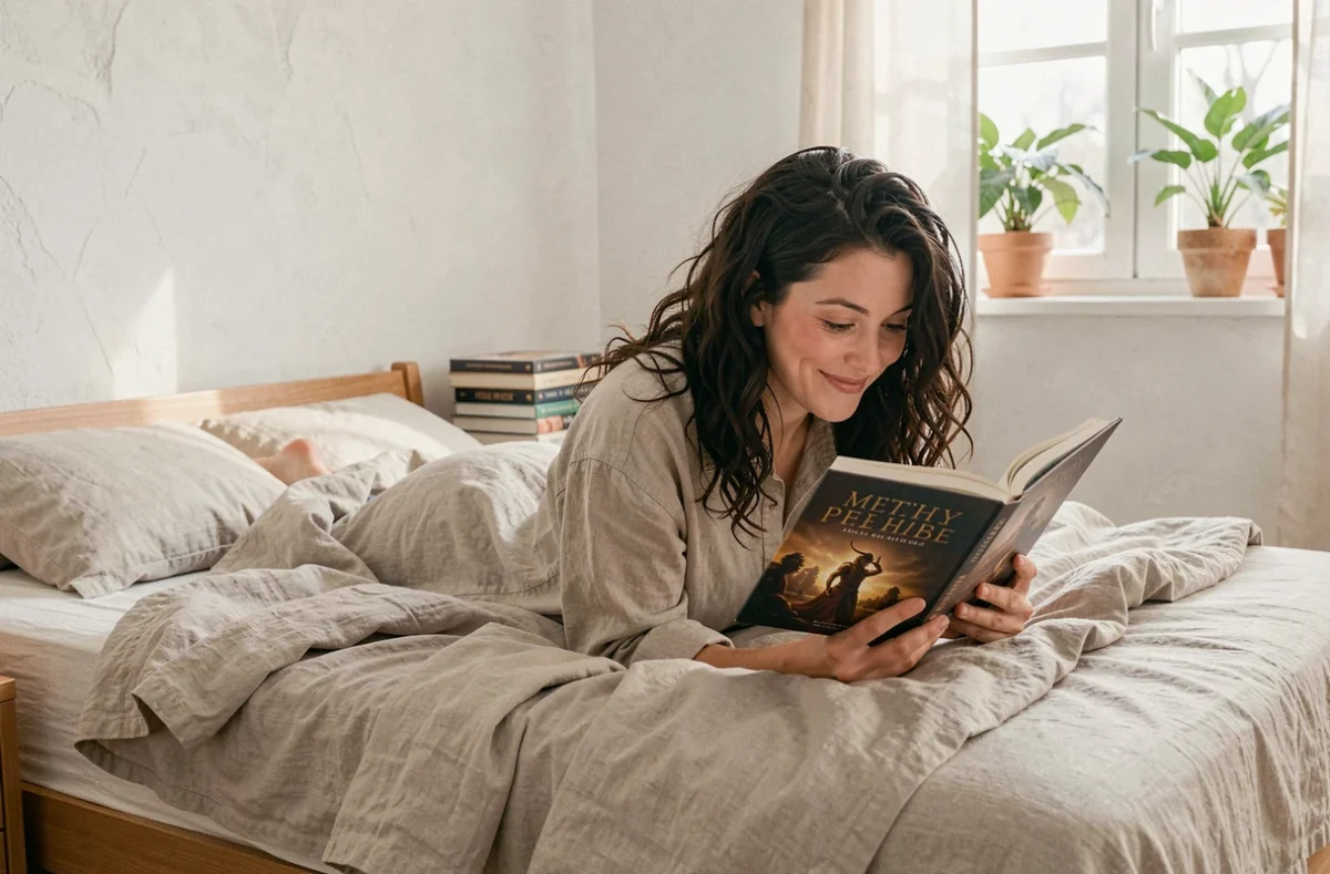 Femme souriante allongée sur son lit en train de lire un roman romantasy spicy en français dans une chambre minimaliste lumineuse