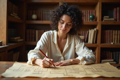 Femme dessinant un arbre généalogique de Zeus sur parchemin dans une bibliothèque historique