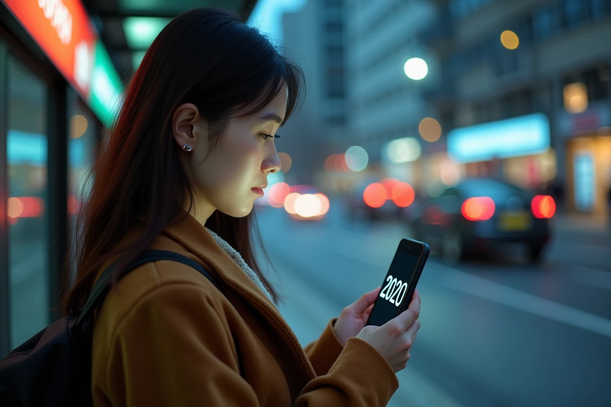 Jeune femme attendant à un arrêt de bus urbain