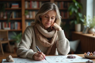Femme d'âge moyen contemplant des cartes astrologiques