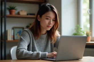 Femme consultant des avis utilisateurs sur Tarenoi sur son ordinateur portable dans un bureau à domicile