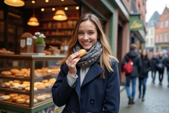 Jeune femme dans une boulangerie de Lille dégustant une viennoiserie