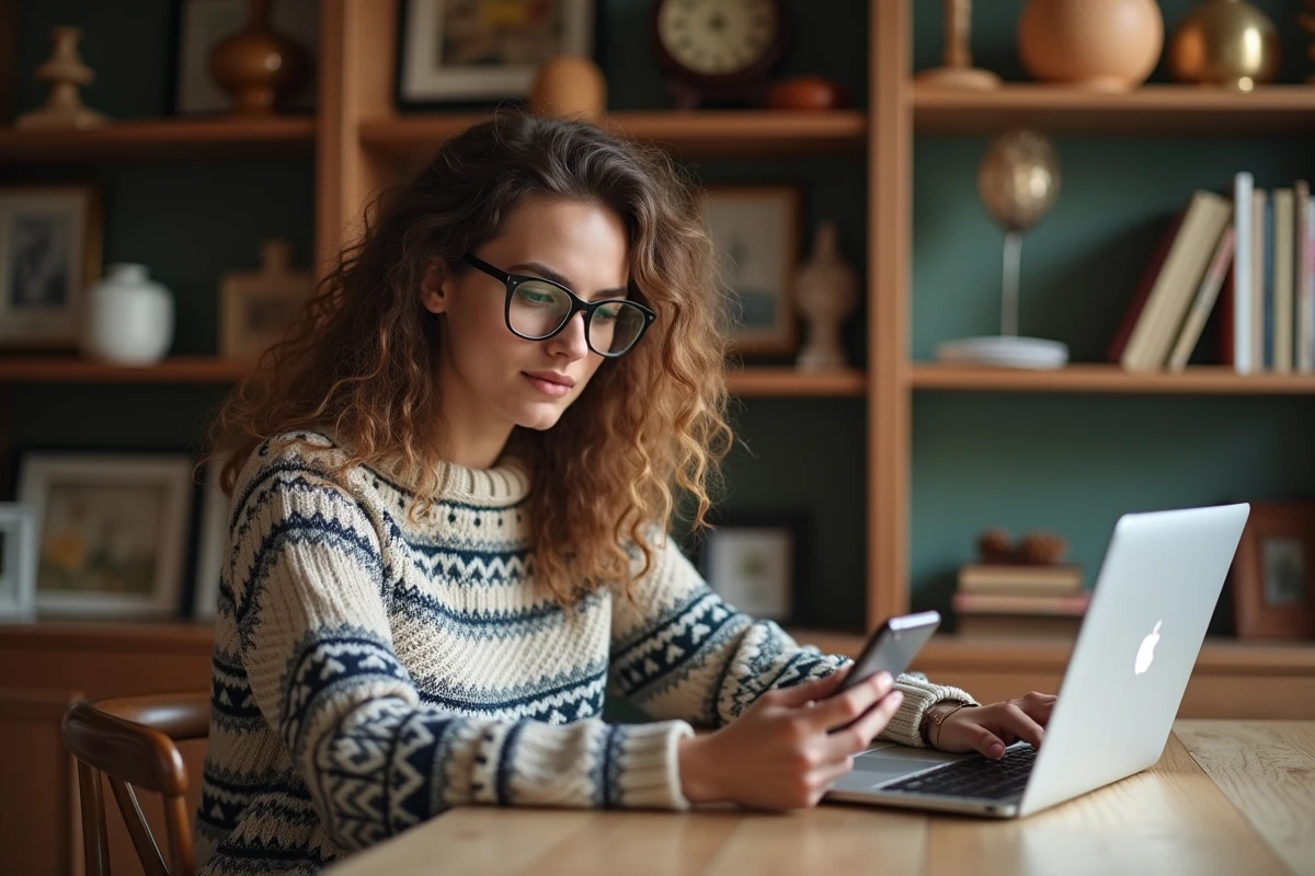 Jeune femme consulte une application de brocante en ligne