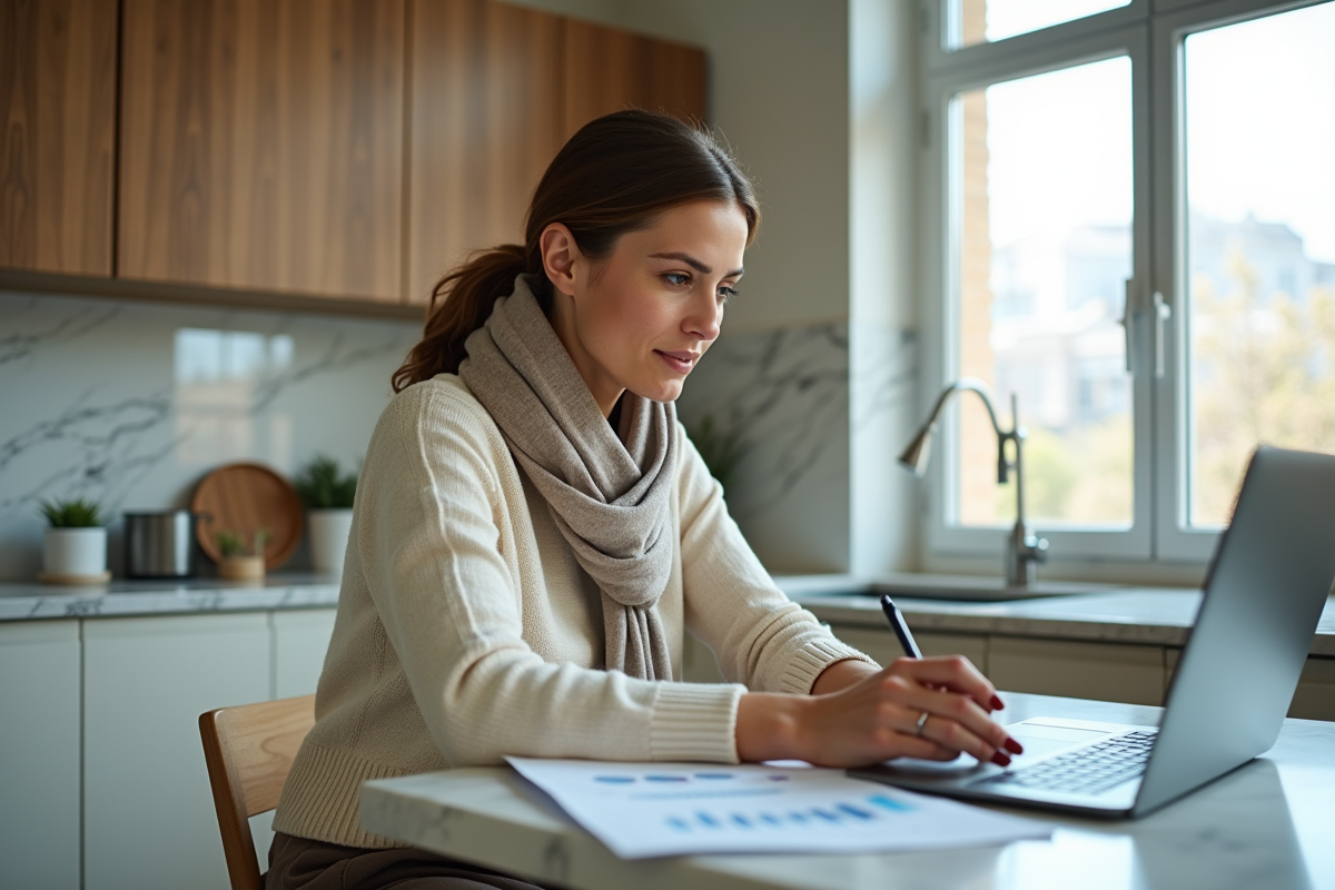 Femme analysant un budget dans une cuisine moderne en journée