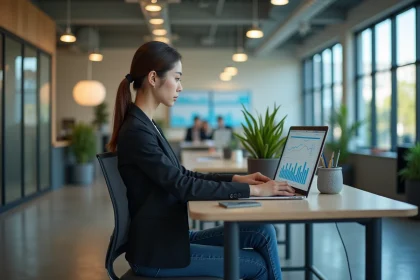 Jeune femme au bureau examine un graphique digital